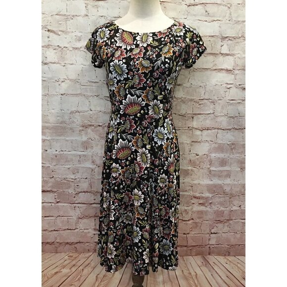 LOFT Outlet Petites Black Floral Dress Stretch Jersey Knit Short Sleeve 2P NEW - Picture 1 of 4